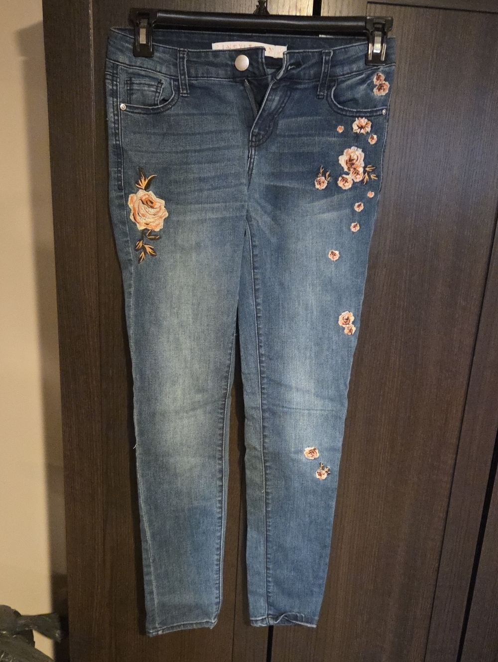 Tinseltown Blue Skinny Jeans with Pink Floral Embroidery